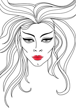 Vector closeup portrait of woman with red lips and long hair
