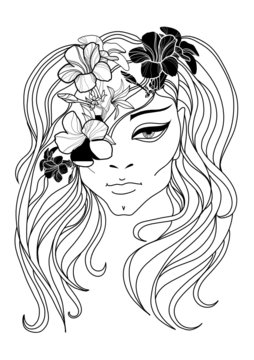 Vector portrait of woman with flower in long hair