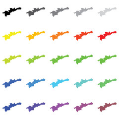 Illustrated Outlines in a variety of colours of the Country of M