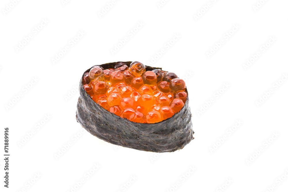 Wall mural Salmon eggs sushi isolated on white