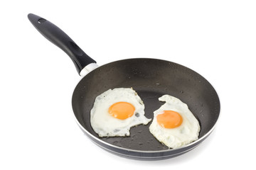 Two fried eggs on  frying pan