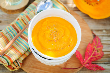 Pumpkin Cream Soup in a White Bowl