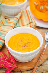 Pumpkin Cream Soup in a White Bowl