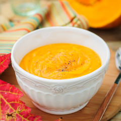Pumpkin Cream Soup in a White Bowl