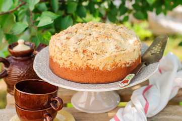 Round Streusel Fruit Cake on a Cake Stand