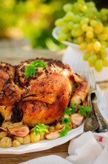 Whole Roast Chicken with Grapes, Garlic and Almonds
