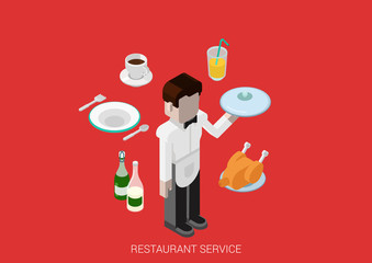 Flat 3d isometric concept vector restaurant waiter food drink