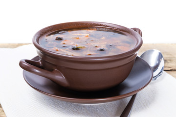 Traditional Russian meat soup with salty cucumbers