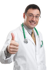 smiling male doctor giving a thumbs up sign