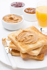 toast with various jams and peanut butter, orange juice