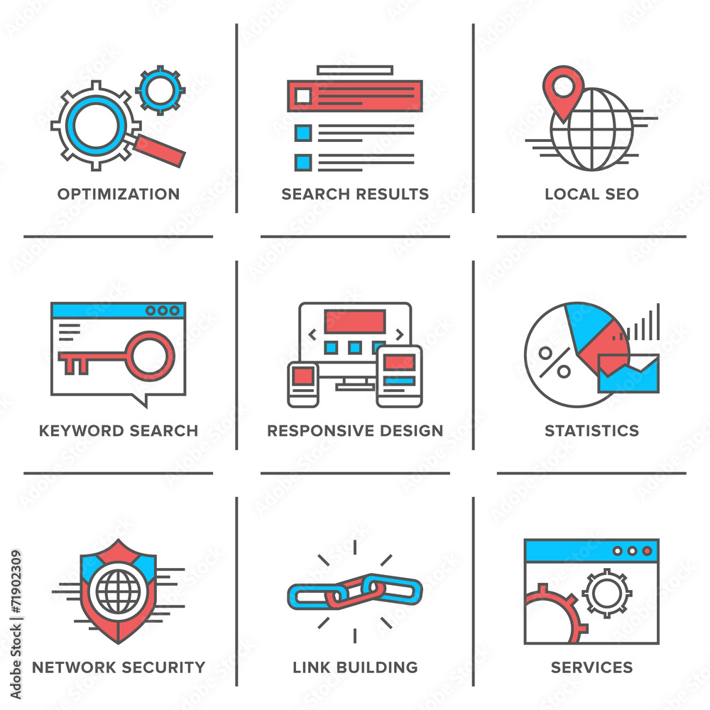 Aufkleber Search engine optimization line icons set