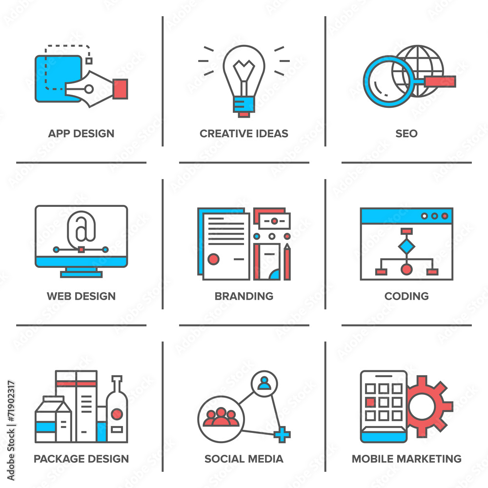 Aufkleber web design and mobile marketing line icons set