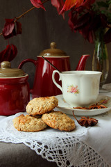 Tea with homemade oatmeal cookies.