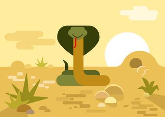 Cobra snake burrow desert flat cartoon vector wild reptile