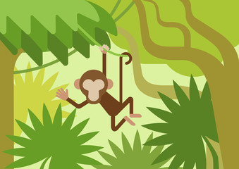 Monkey climber tree branch jungle flat cartoon vector animal