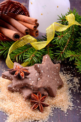 Chocolate homemade Christmas cookies in the shape of stars with