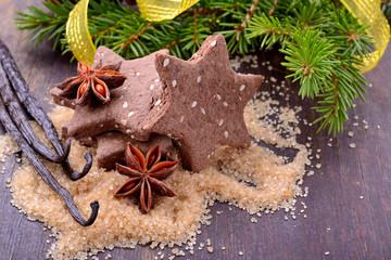 Chocolate homemade Christmas cookies in the shape of stars with