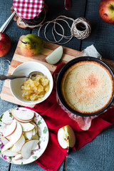 apple tart with pear jam and caramel, top view