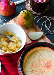 apple tart with pear jam and caramel, top view