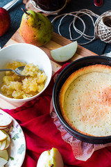 apple tart with pear jam and caramel, top view