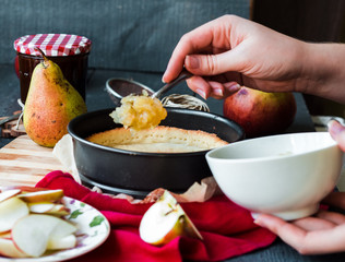 the process of making apple tart with pear jam