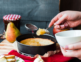 the process of making apple tart with pear jam
