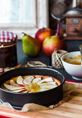process of making apple tart with pear jam and caramel