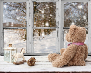 teddy bear and rocking horse looking at snowy day