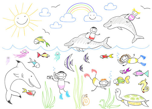 Happy children and sea animals