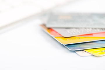 Group of credit cards on white backround