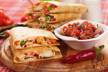 Quesadillas with chicken meat and vegetables