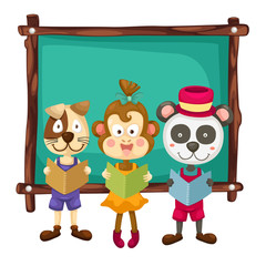 dog-monkey-panda reading a book on blackboard vector
