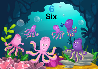 number six octopus under the sea vector