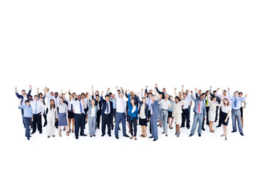 Mullti-ethnic group of business person hands up