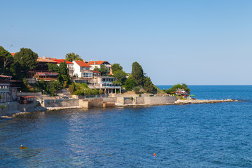 Coastal view of ancient town Nesebar, Bulgaria, Black Sea coast