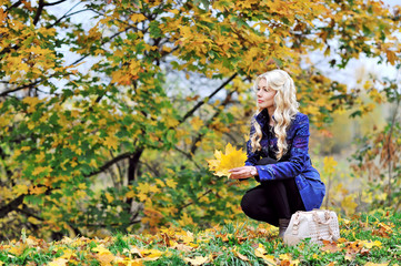 Beautiful elegant woman sitting with leafs in a park in autumn