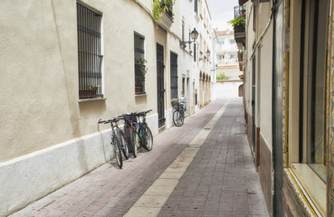 Deserted city street with bikes. Europe.Spain
