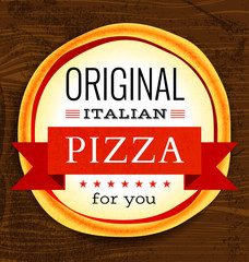 Vector restaurant menu with pizza on wooden background