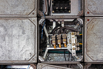 Electrical panel with cables in old factory