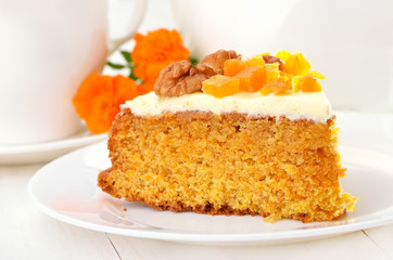 Piece of carrot pie with icing