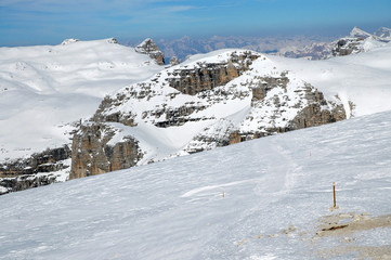 Fototapeta na wymiar Dolomites mountains at winter, ski resort in Italy