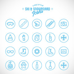 Line Style Vector Ski Resort Vacation Icon Set
