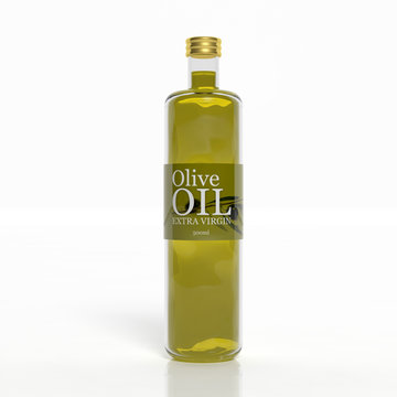 3D olive oil transparent bottle isolated on white