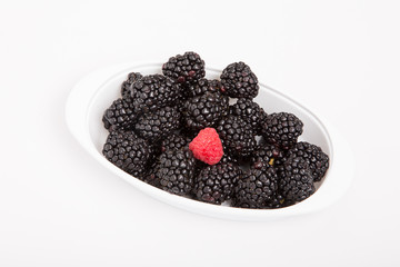 Raspberry in Bowl of Blackberries