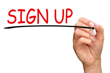 Sign up - female hand with text