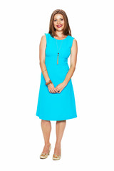 beautiful woman model in cocktail blue dress full body portrait
