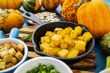 Autumn fruits and vegetables - fried pumpkin
