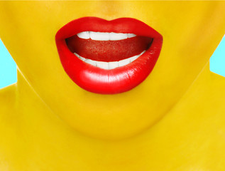 Close-up portrait of girl with yellow skin and red lips