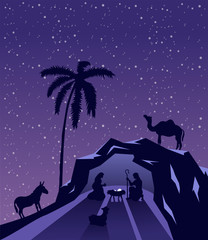 Nativity scene vector under starry sky