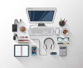 Desk with computer and other accessories vector